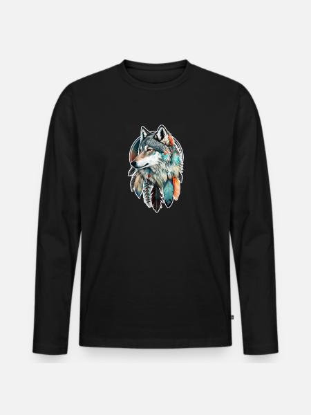 Wolf Aquarell Federn Indianer Wildtier Mandala - Männer Premium Bio Langarmshirt - Schwarz