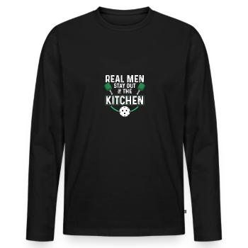 Un vrai homme reste en dehors de la cuisine - T-shirt manches longues Premium bio Homme - noir - Devant - Nico (187cm)