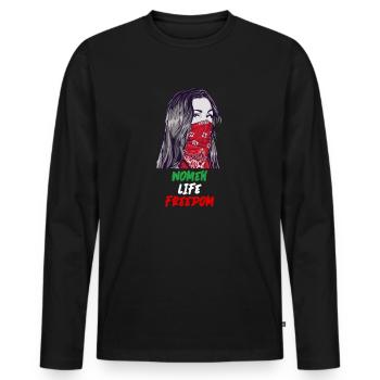 Femmes Vie Liberté Drapeau iranien Droits des femmes - T-shirt manches longues Premium bio Homme - noir - Devant - Nico (187cm)