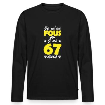 je m en fous j ai 67 ans / anniversaire 67 ans - T-shirt manches longues Premium bio Homme - noir - Devant - Nico (187cm)