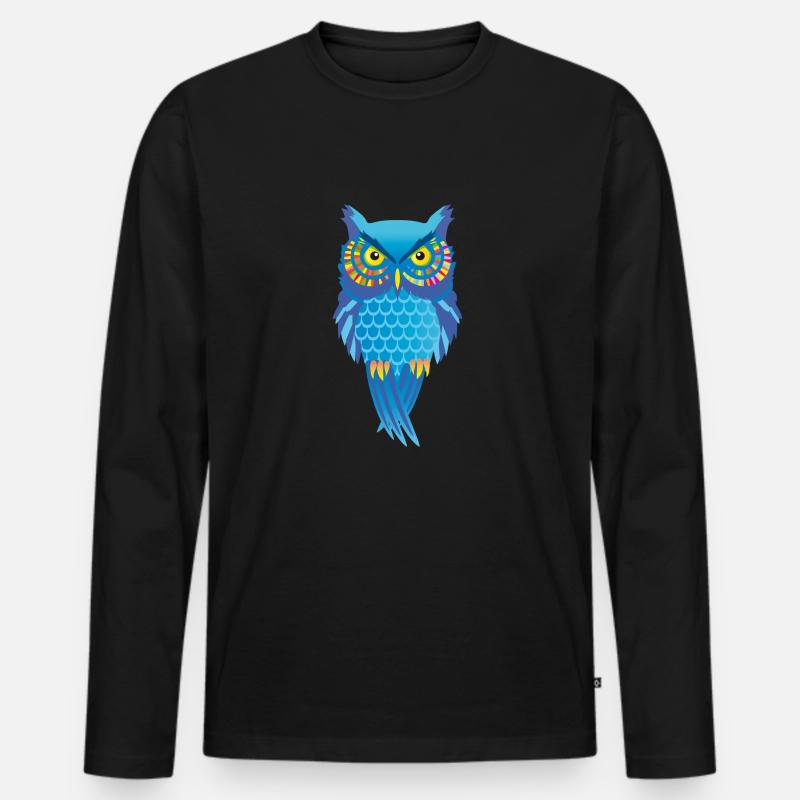 Eule blau, bunt Vogel auffallend - Männer Premium Bio Langarmshirt - Schwarz