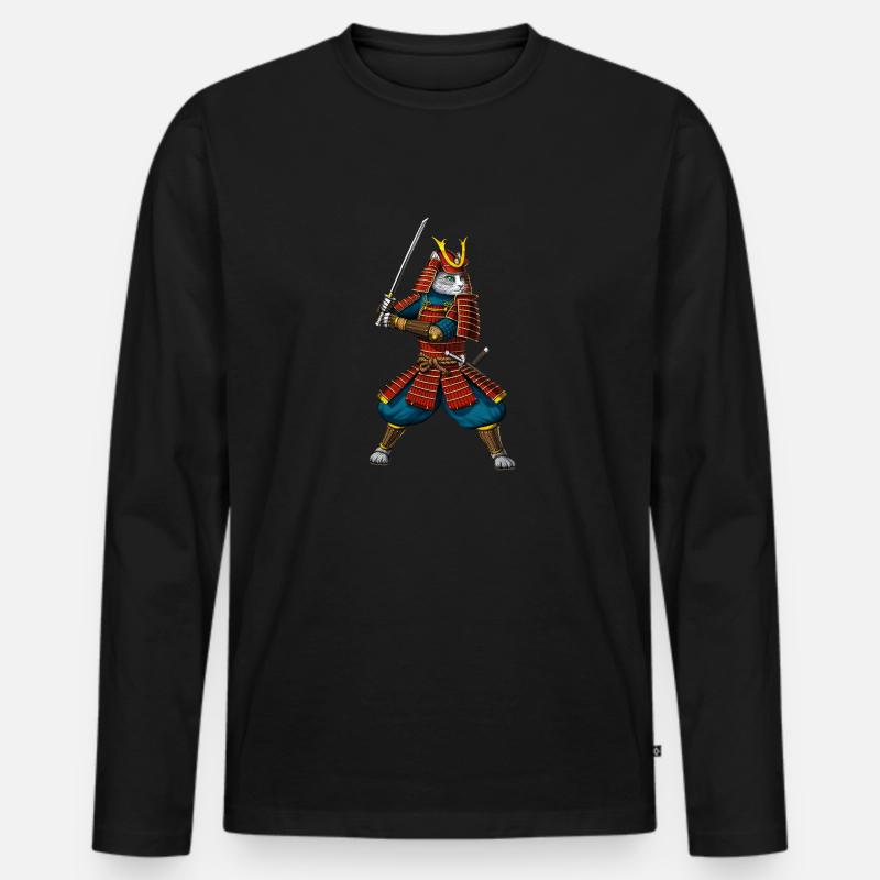 Katze Japanischer Samurai Ninja - Männer Premium Bio Langarmshirt - Schwarz