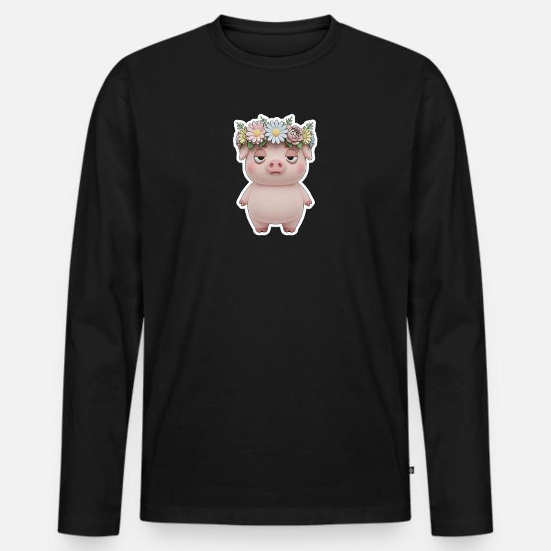 Genervtes Schwein mit Blumenkranz Statement - Männer Premium Bio Langarmshirt - Schwarz