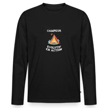 Campeur évolutif en action camping - humour drôle - T-shirt manches longues Premium bio Homme - noir - Devant - Nico (187cm)