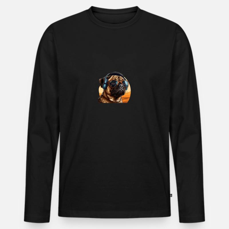 Mops mit Sonnenbrille und Kopfhörer - Männer Premium Bio Langarmshirt - Schwarz
