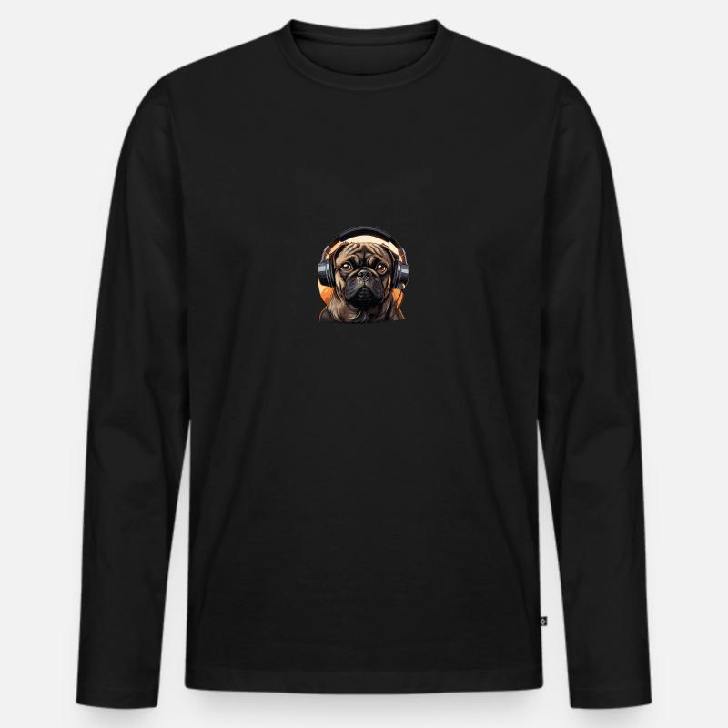 Mops mit Kopfhörer - Männer Premium Bio Langarmshirt - Schwarz