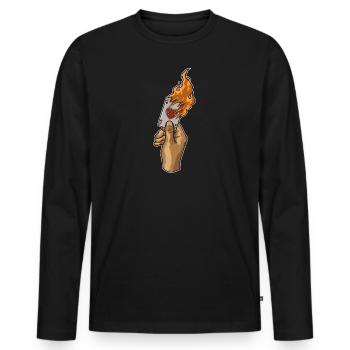 Hand with Burning Ace Card | Poker Luck Gambler - Men's Premium Organic Long Sleeve Shirt - black - Front - Nico (187cm)