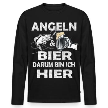 Angeln und Bier Darum bin ich hier. - Männer Premium Bio Langarmshirt - Schwarz - Vorne - Nico (187cm)