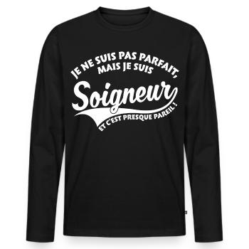 Parfait Soigneur - T-shirt manches longues Premium bio Homme - noir - Devant - Nico (187cm)
