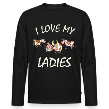 Vaches - J’aime mes dames, fermière, passionnée de bétail - T-shirt manches longues Premium bio Homme - noir - Devant - Nico (187cm)