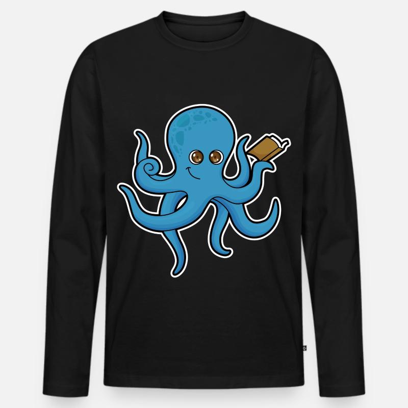 Krake mit Buch - Männer Premium Bio Langarmshirt - Schwarz
