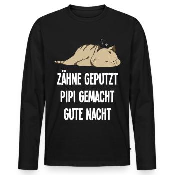 Zähne Geputzt Gute Nacht Katze Schlafshirt - Männer Premium Bio Langarmshirt - Schwarz - Vorne - Nico (187cm)