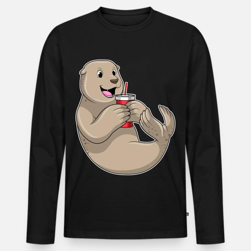 Seehund mit Becher mit Strohhalm - Männer Premium Bio Langarmshirt - Schwarz