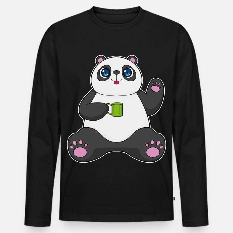 Panda mit Kaffeebecher - Männer Premium Bio Langarmshirt - Schwarz