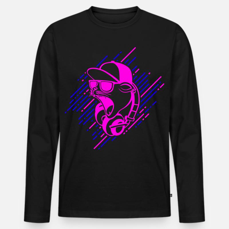 Coole Katze mit Kopfhörern - Männer Premium Bio Langarmshirt - Schwarz