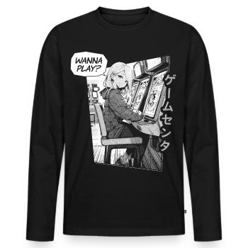 Arcade Anime Girl in Gaming Center "want to play?" - Men's Premium Organic Long Sleeve Shirt - black - Front - Nico (187cm)