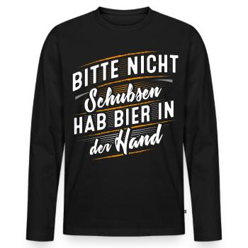 Bitte nicht schubsen - Ich hab Bier in der Hand - Männer Premium Bio Langarmshirt - Schwarz - Vorne - Nico (187cm)