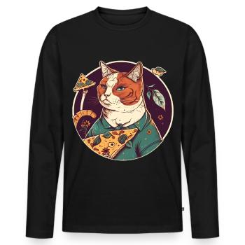 chat avec des tranches de pizza - T-shirt manches longues Premium bio Homme - noir - Devant - Nico (187cm)