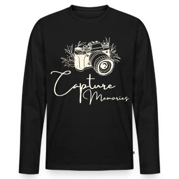 Photographie Citation Capturer des souvenirs - T-shirt manches longues Premium bio Homme - noir - Devant - Nico (187cm)