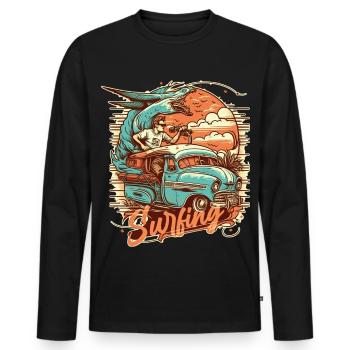 Surfer and fantasy animal on the bus on a surf trip - Men's Premium Organic Long Sleeve Shirt - black - Front - Nico (187cm)