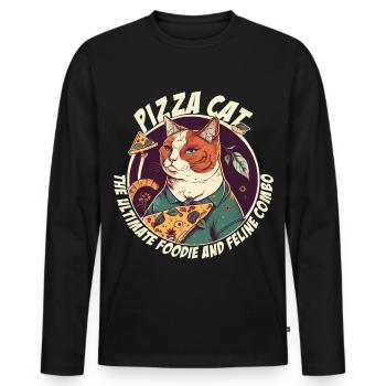 Chat avec des tranches de pizza - T-shirt manches longues Premium bio Homme - noir - Devant - Nico (187cm)