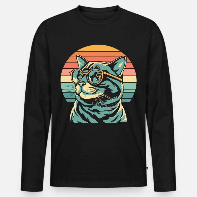 Retro Sunset Katze mit Brille - Männer Premium Bio Langarmshirt - Schwarz