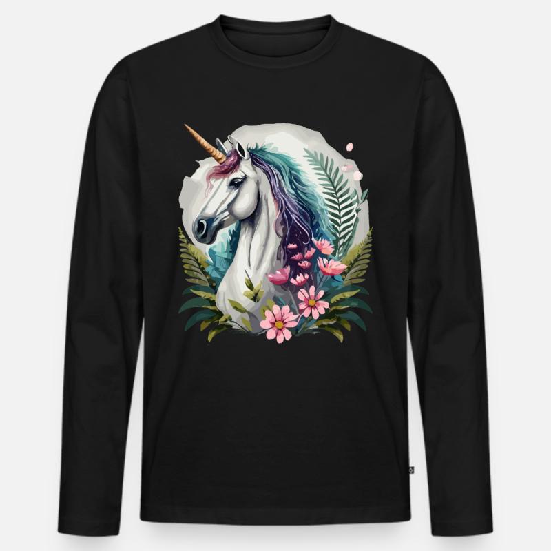 Wunderschönes Einhorn mit Blumen - Männer Premium Bio Langarmshirt - Schwarz