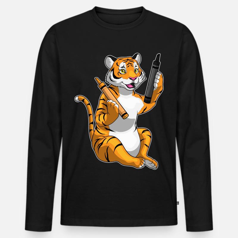 Tiger Schüler Buntstift Schule - Männer Premium Bio Langarmshirt - Schwarz