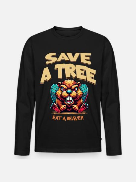 Biber Spruch Save A Tree - Männer Premium Bio Langarmshirt - Schwarz