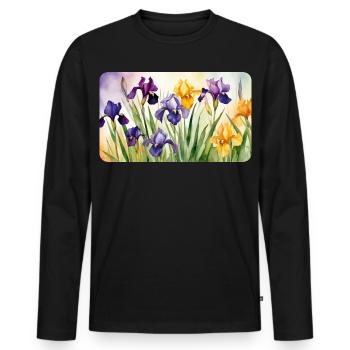 Iris Romantiques - Aquarelles - T-shirt manches longues Premium bio Homme - noir - Devant - Nico (187cm)