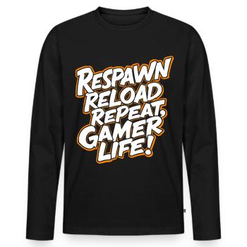 RESPAWNEN, NACHLADEN, WIEDERHOLEN. GAMER LEBEN - Männer Premium Bio Langarmshirt - Schwarz - Vorne - Nico (187cm)