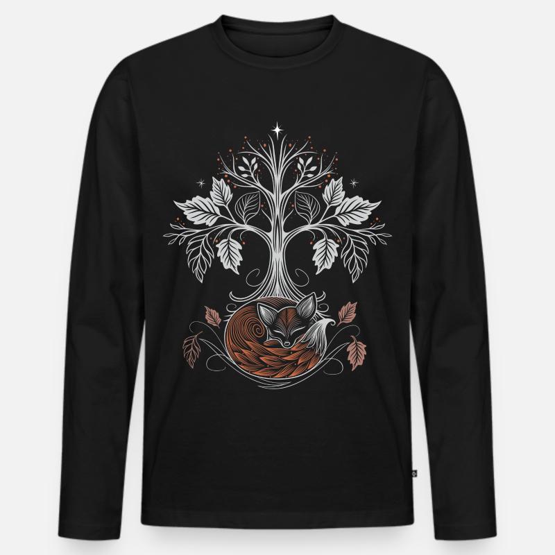 Schlafender Fuchs unter Lebensbaum - Herbstnacht - Männer Premium Bio Langarmshirt - Schwarz