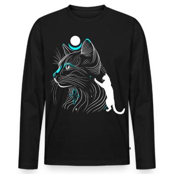 Minimalistische Bastet-Katze im Profil mit Mond - Männer Premium Bio Langarmshirt - Schwarz - Vorne - Nico (187cm)