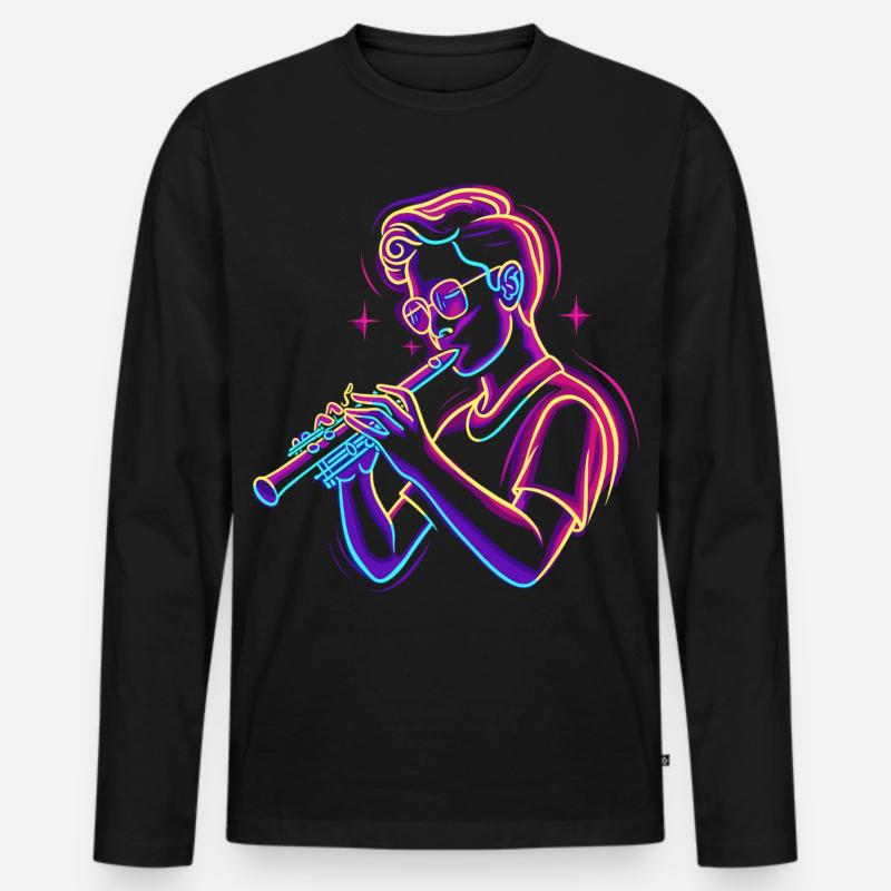 Flöte Junge Grafik Synthwave - Männer Premium Bio Langarmshirt - Schwarz