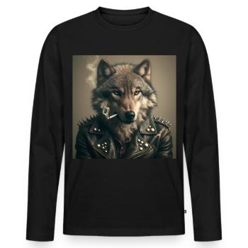 Rockiger Wolf mit Lederjacke - Männer Premium Bio Langarmshirt - Schwarz - Vorne - Nico (187cm)