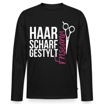 Haarscharf gestylt - Frisearin, Friseurin - Männer Premium Bio Langarmshirt - Schwarz - Vorne - Nico (187cm)