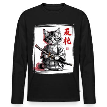 Samurai Cat Funny Kitten, Japanese Art - Men's Premium Organic Long Sleeve Shirt - black - Front - Nico (187cm)