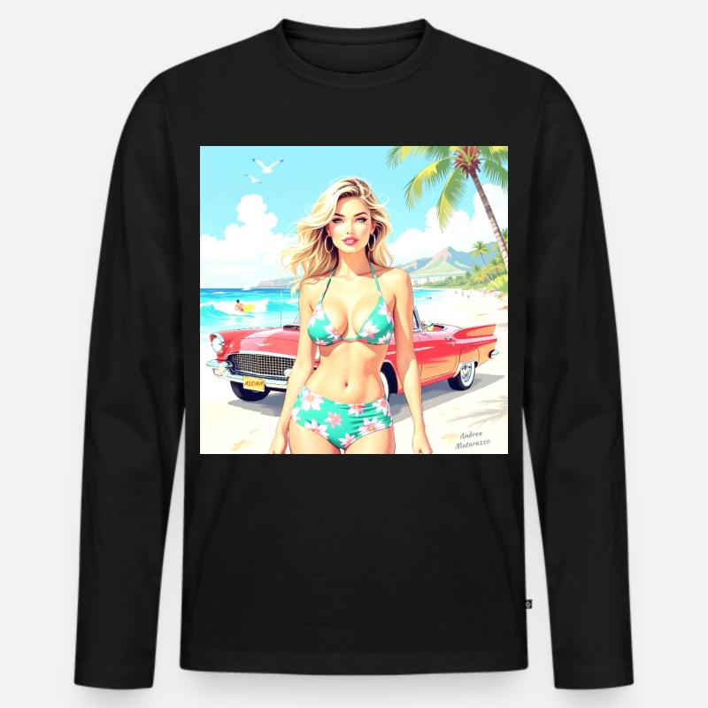 Frau am Strand mit Oldtimer - Männer Premium Bio Langarmshirt - Schwarz