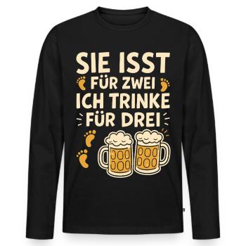Soon to be a dad SHE EATS FOR TWO I DRINK FOR THREE - Men's Premium Organic Long Sleeve Shirt - black - Front - Nico (187cm)