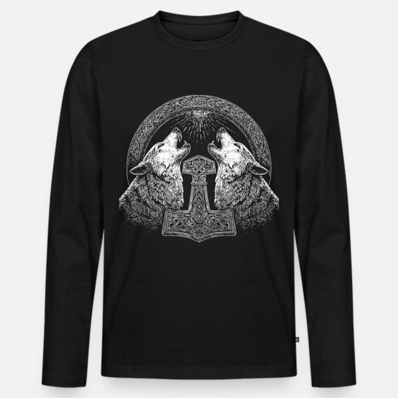 Wolf Thor Hammer Wikinger - Männer Premium Bio Langarmshirt - Schwarz