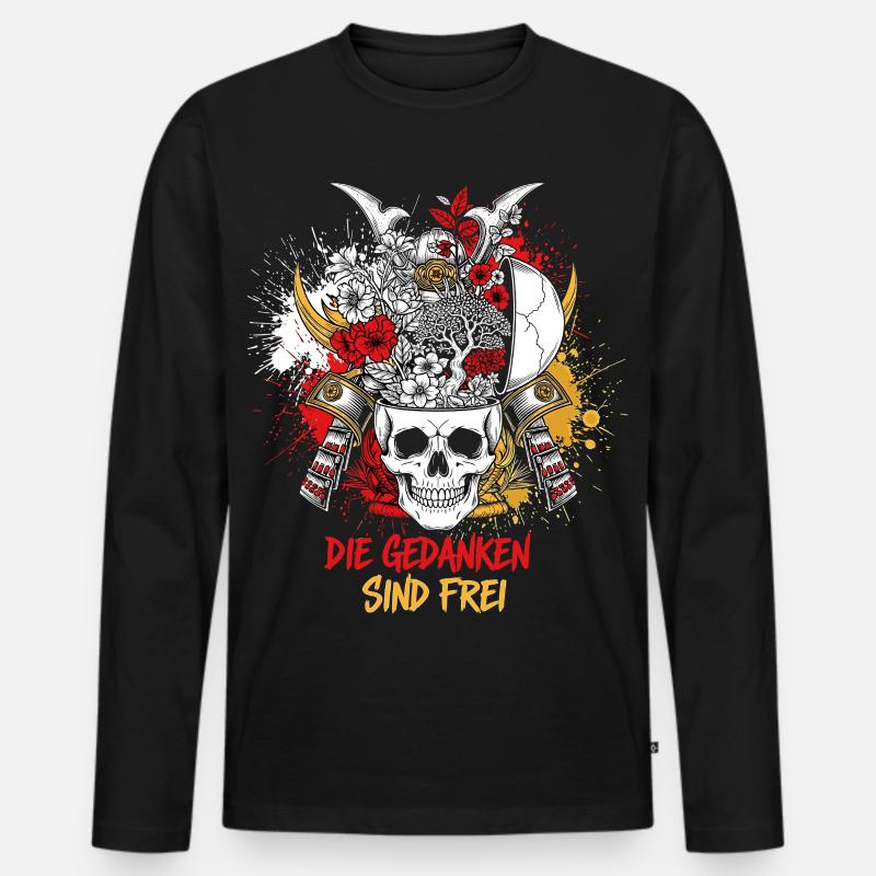 Samurai Schädel Blumenkunst - Gedanken sind Frei - Männer Premium Bio Langarmshirt - Schwarz