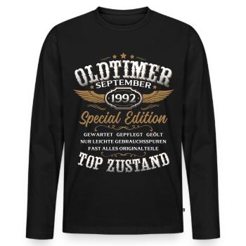 Cadeau d'anniversaire pour les 33 ans : voiture vintage, septembre 1992 - T-shirt manches longues Premium bio Homme - noir - Devant - Nico (187cm)