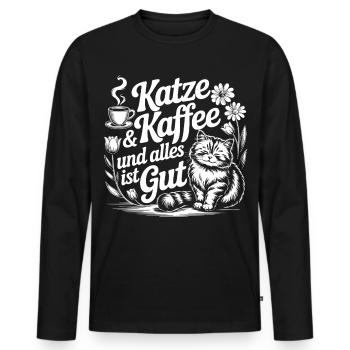 Katz und Kaffee Motiv für Katzenliebhaber - Männer Premium Bio Langarmshirt - Schwarz - Vorne - Nico (187cm)