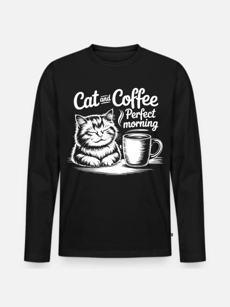 Katzenliebe und Kaffeegenuss - Männer Premium Bio Langarmshirt - Schwarz