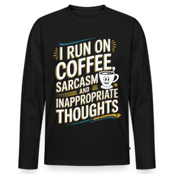 Café, sarcasme et pensées déplacées - T-shirt manches longues Premium bio Homme - noir - Devant - Nico (187cm)