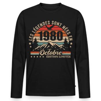 Octobre 1980 Cadeau Anniversaire 1980 October 1980 - T-shirt manches longues Premium bio Homme - noir - Devant - Nico (187cm)