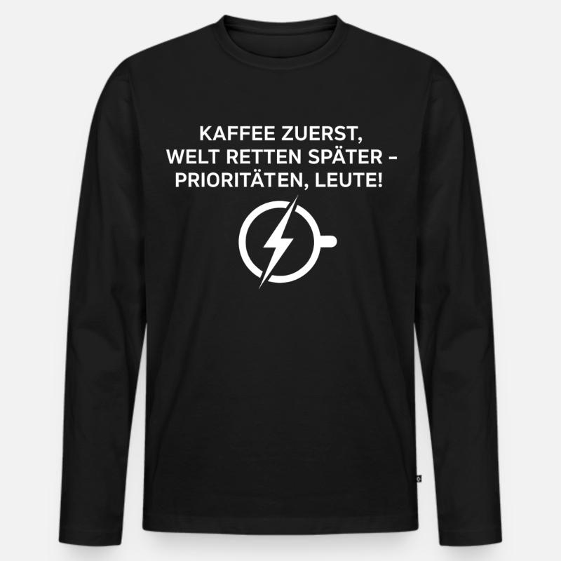 Kaffee Zuerst Spruch Blitzlogo - Männer Premium Bio Langarmshirt - Schwarz