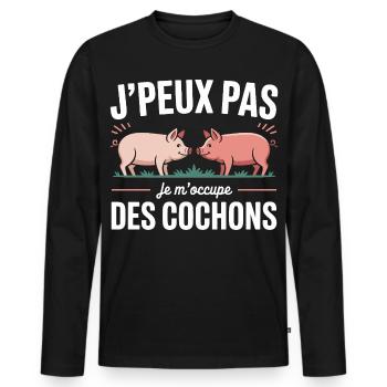 J’peux pas je m’occupe des cochons humour fermier - T-shirt manches longues Premium bio Homme - noir - Devant - Nico (187cm)