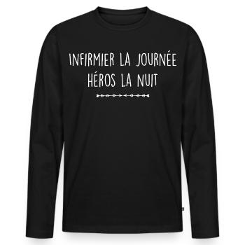 Infirmier la journée, héros la nuit - T-shirt manches longues Premium bio Homme - noir - Devant - Nico (187cm)
