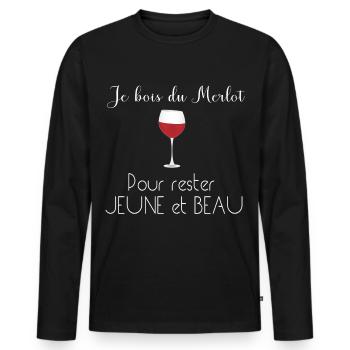 Verre de Merlot Pour Rester Jeune - T-shirt manches longues Premium bio Homme - noir - Devant - Nico (187cm)